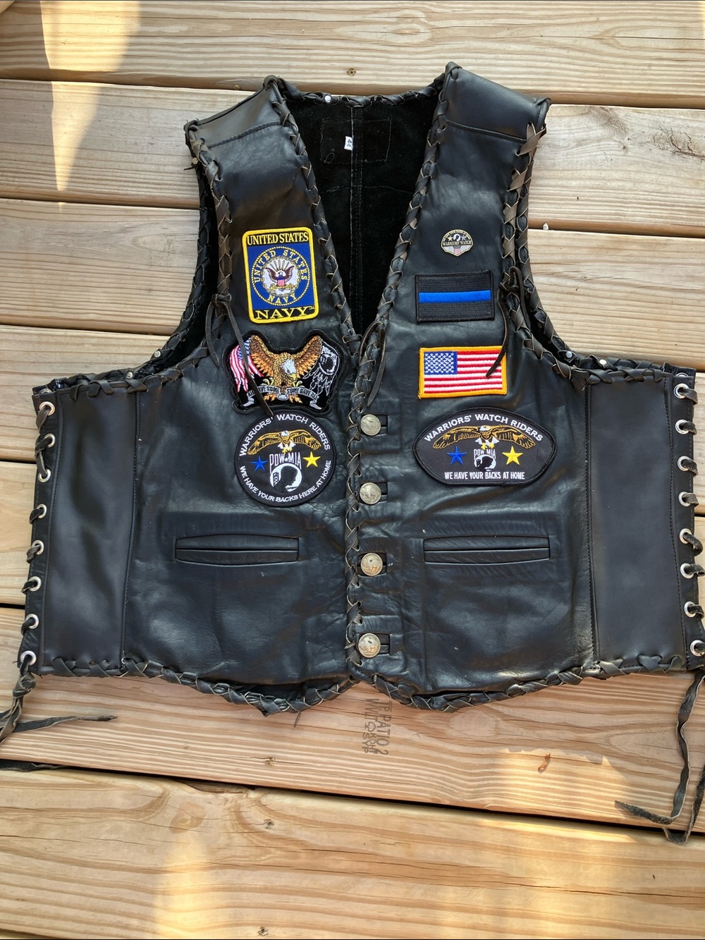 Black Leather Military Navy veteran motorcycle Vest